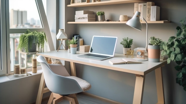 Interior design d'ispirazione per uffici in stile scandinavo Home office con architettura a luce naturale Generative AI AIG 31