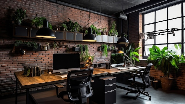 Interior design d'ispirazione per uffici Ufficio in stile industriale con architettura in mattoni a vista Generative AI AIG 31