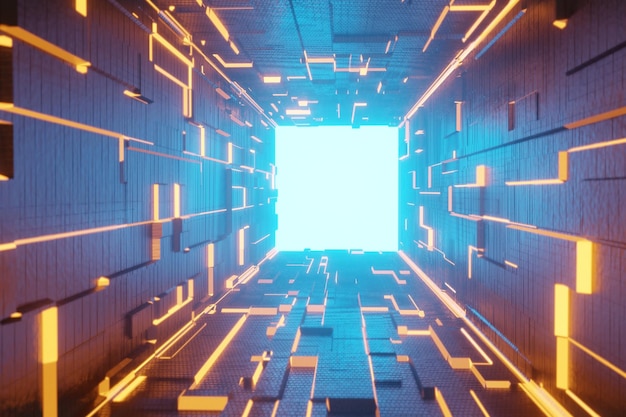 Interior design del corridoio illuminato. Tunnel futuristico astratto con sfondo chiaro. Rappresentazione 3D