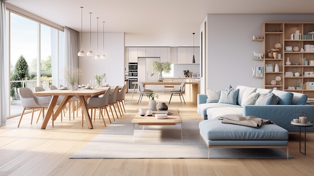 Interior design del moderno appartamento scandinavo soggiorno con pavimento in legno