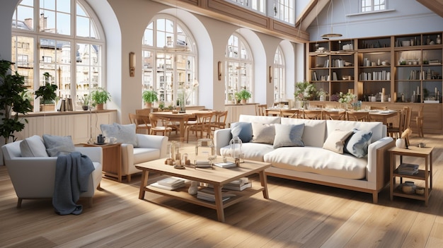 Interior design del moderno appartamento scandinavo soggiorno e sala da pranzo panoramica