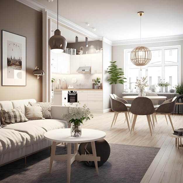 Interior design del moderno appartamento scandinavo soggiorno rendering 3d