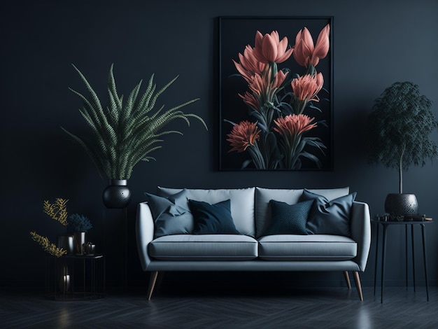 Interior design del soggiorno con divano e sedia e fiori sul tavolo e mockup poster di fiori