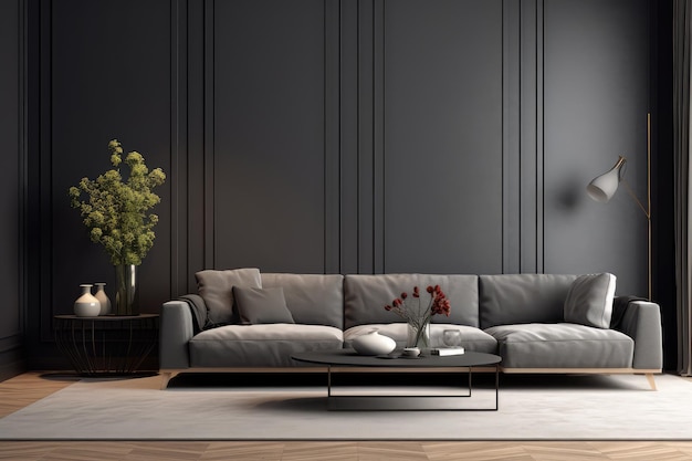 Interior design del soggiorno con divano grigio su nero