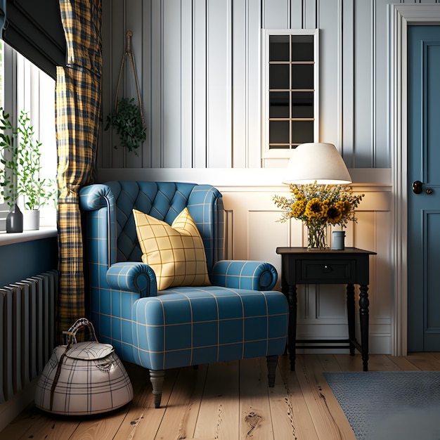 Interior design del soggiorno con poltrona blu e plaid giallo. Mobili in rattan in camera con pa