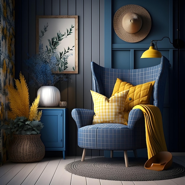 Interior design del soggiorno con poltrona blu e plaid giallo Mobili in rattan in camera con padella