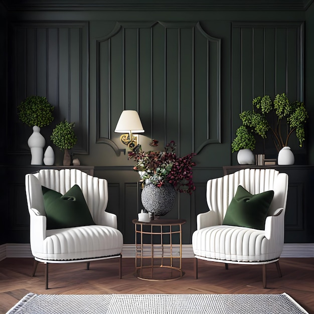 Interior design del soggiorno con poltrone bianche sopra la parete di pannelli di assi verde scuro Farmhou