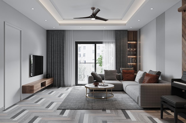Interior design del soggiorno di lusso completo divano decorativo per la decorazione della parete dello spazio vuoto