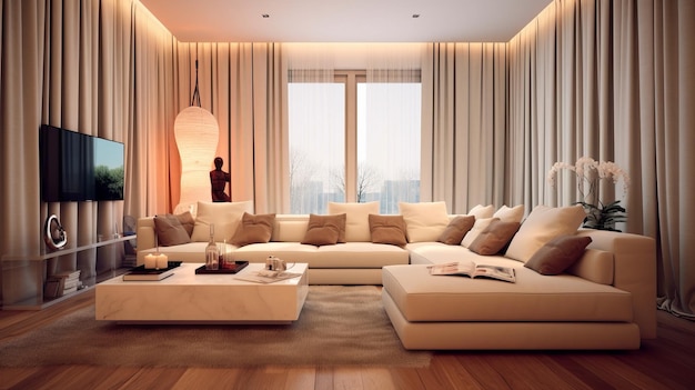 interior design del soggiorno moderno con divano in tessuto beige e cuscini