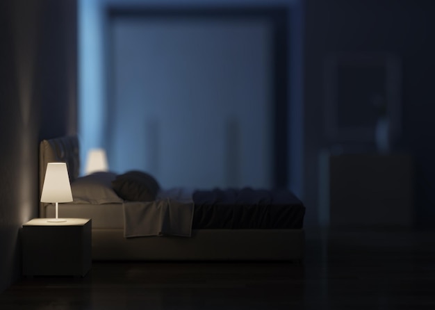 Interior design della camera da letto. Illuminazione notturna. Rappresentazione 3D.