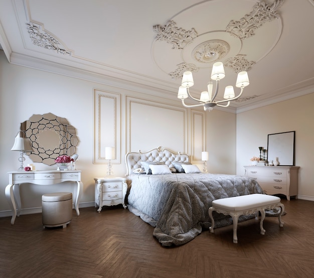 Interior design della camera da letto in stile classico moderno. rendering 3d