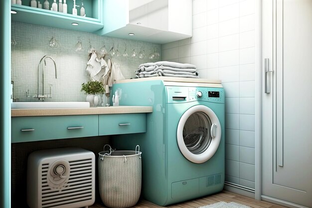 Interior design della cucina in toni turchesi lavaggio in lavatrice alla menta in camera