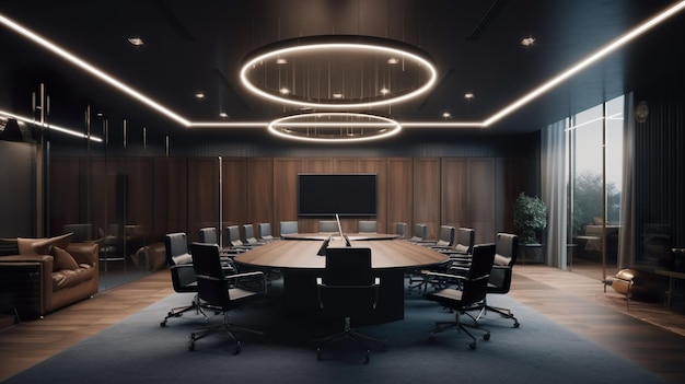 Interior design della sala conferenze con decorazioni moderne Ufficio per riunioni con tavolo e sedie pareti riflettenti Area di lavoro contemporanea con sfondo di illustrazione di mobili IA generativa