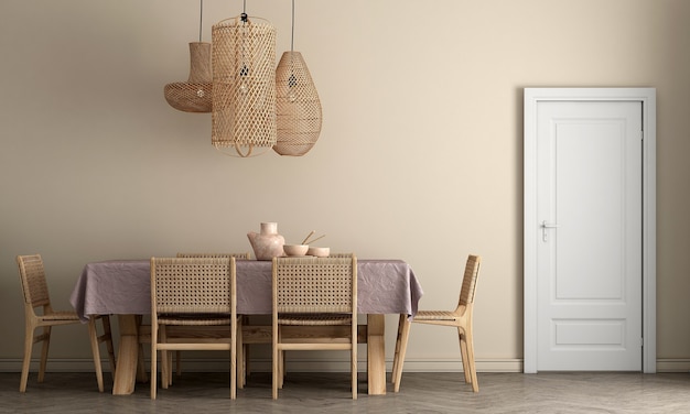 Interior design della sala da pranzo con eleganti sedie beige modulari e parete beige, pavimento in legno, divisorio neutro Arredamento moderno, rendering 3D