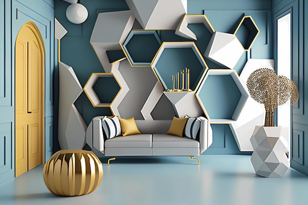 Interior design della stanza 3d con forme geometriche generative ai