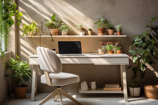 Interior design dello spazio home office con elegante scrivania in legno bella sedia laptop platns