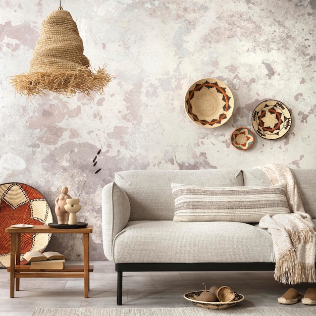 Interior design di composizione etnica interno soggiorno con divano grigio vimini colorato lampada di paglia boho panca da parete in cemento grigio e accessori personali Modello di arredamento per la casa