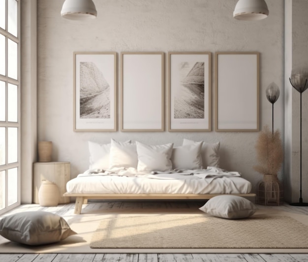 Interior design di interni estetici del soggiorno con mock up room divano modulare vaso in legno w