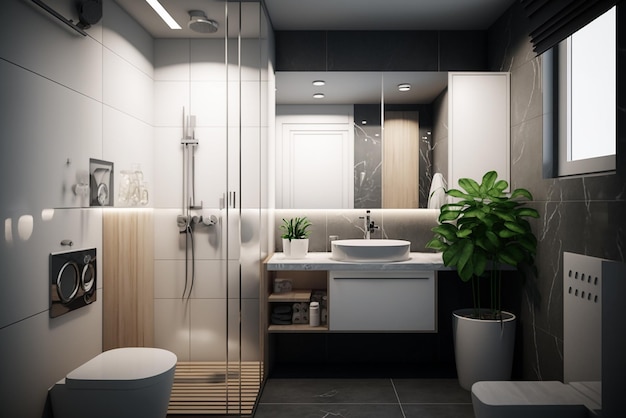 Interior design di lusso per bagni moderni con cabina doccia in vetro Creato con strumenti di intelligenza artificiale generativa