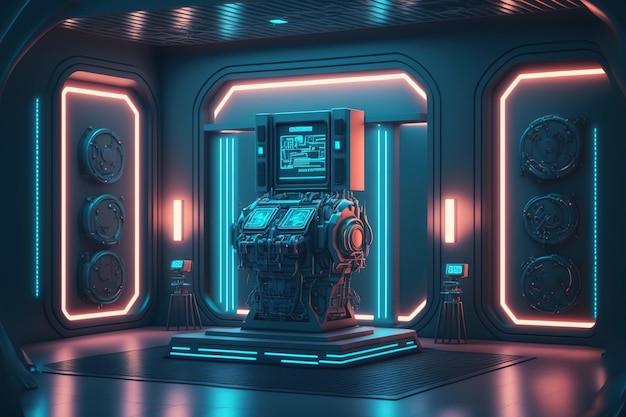 Interior design di un laboratorio di astronave e un piedistallo vuoto per una presentazione di un prodotto cyberpunk Tecnologia e idee di fantascienza