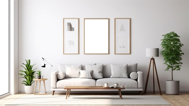 Interior design di un soggiorno con divano, quadro e lampade AI generato