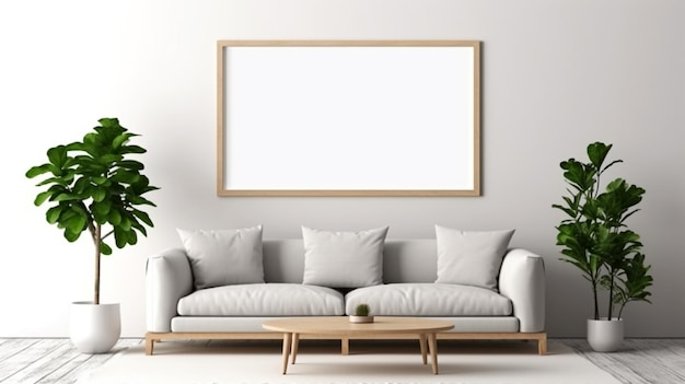 Interior design di un soggiorno con divano, quadro e lampade AI generato