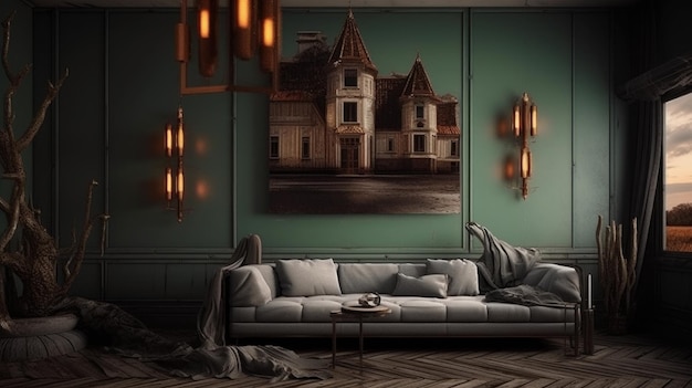 Interior design di un soggiorno verde scuro con uno stile di natura misteriosa Generative AI AIG27