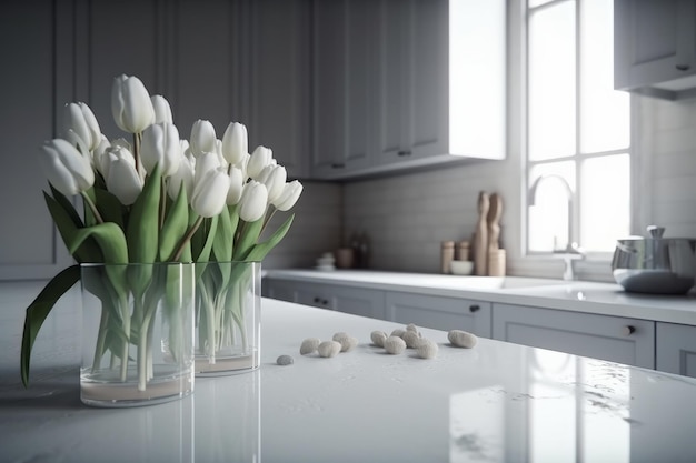 Interior design di una cucina bianca pulita con vaso di tulipani AI generativo