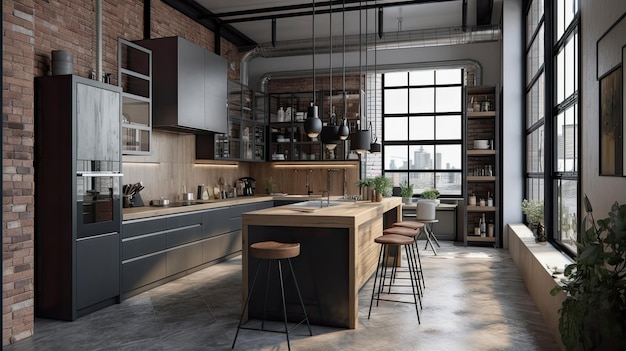 Interior design di una cucina con luce naturale ristrutturazione di edifici generati dall'intelligenza artificiale