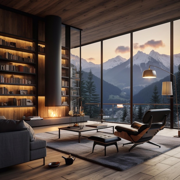 interior design domestico del soggiorno moderno con librerie e finestre in stile loft