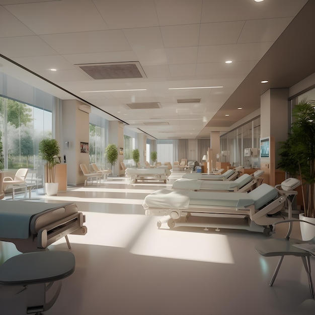Interior design e layout di un moderno futuro centro medico in clinica ospedaliera o centro sanitario