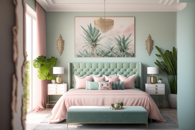 Interior design elegante camera da letto color pastello
