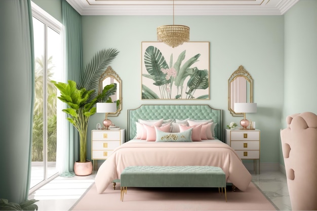 Interior design elegante camera da letto color pastello