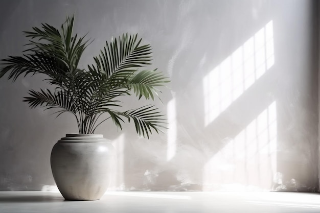 Interior design foglia ombre luce solare casa palma vaso palma arredamento muro di cemento albero AI generativa