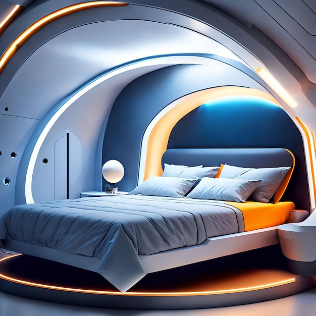 Interior design futuristico con superficie dura dell'arte generativa della camera da letto dell'astronave di AI