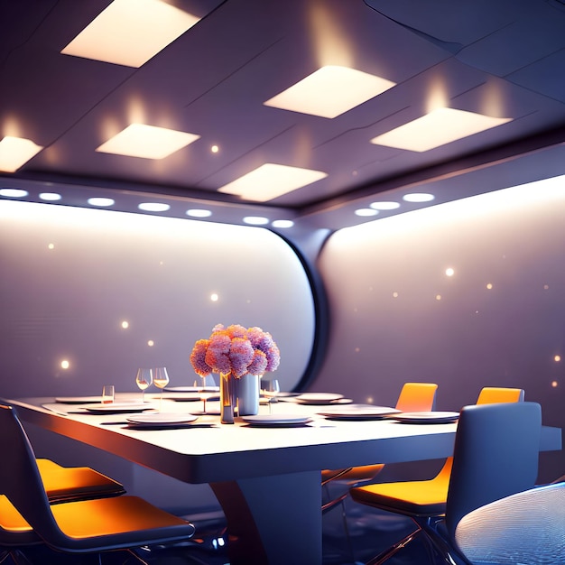 Interior design futuristico con superficie dura dell'arte generativa della sala da pranzo dell'astronave di AI