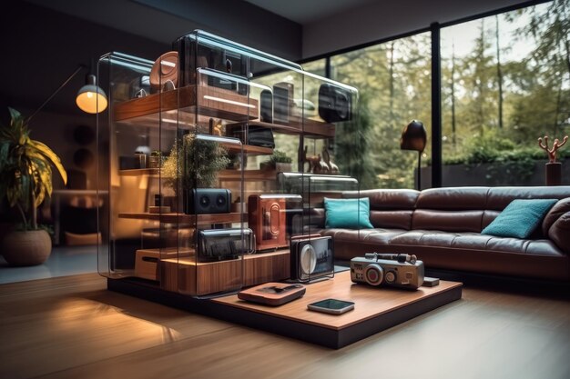 Interior design Futuristico Soggiorno con divano e grande vetrina IA generativa