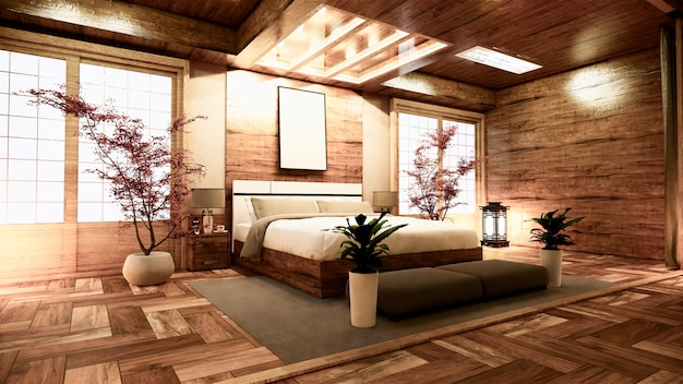 Interior design giapponese della camera da letto. Rendering 3D