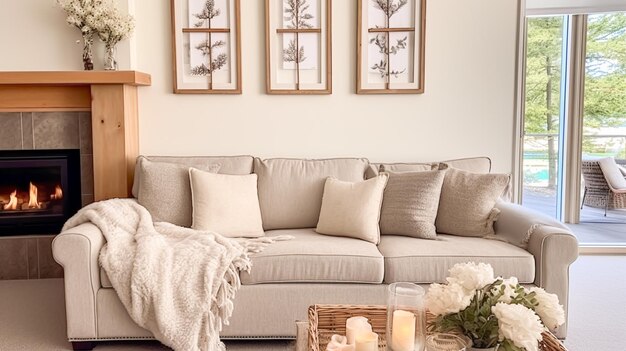 Interior design home decor salotto e soggiorno divano bianco e mobili in casa di campagna inglese ed elegante idea in stile cottage