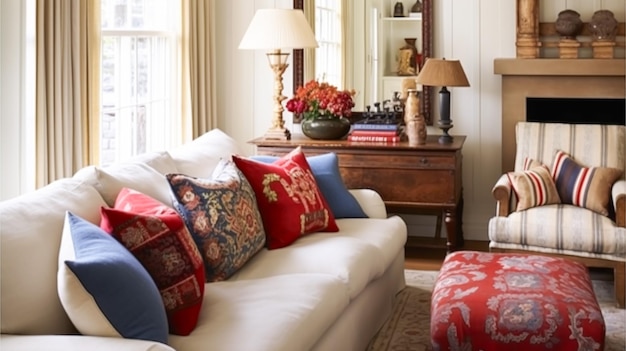 Interior design home decor salotto e soggiorno divano bianco e mobili in inglese casa di campagna e elegante idea in stile cottage