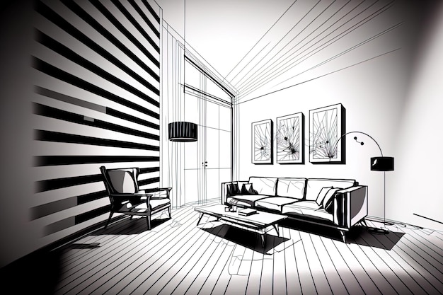 Interior design in bianco e nero con disegno a striature