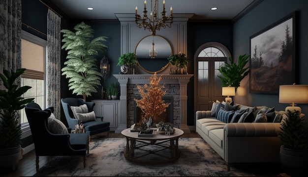 Interior design in stile casa di transizione del soggiorno Immagine generata dall'intelligenza artificiale