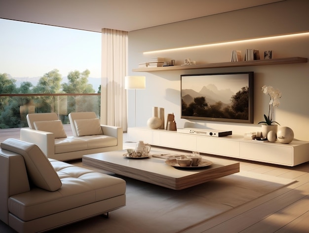 Interior design in stile minimalista del soggiorno moderno con tv