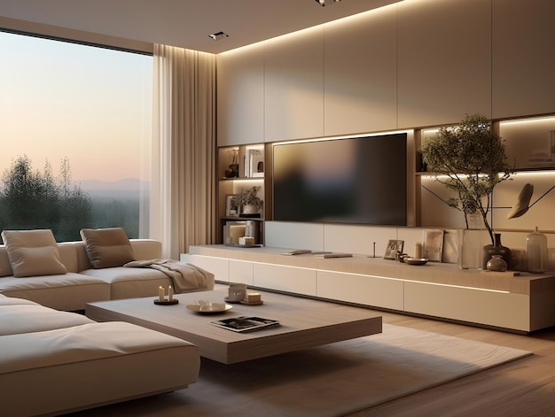 Interior design in stile minimalista del soggiorno moderno con tv