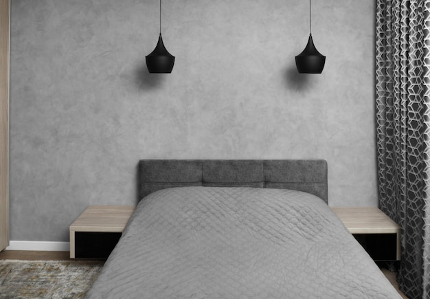 Interior design minimale della camera da letto in tonalità di grigio