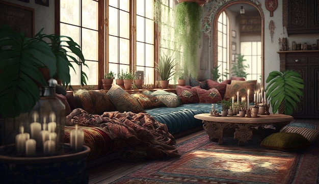 Interior design moderno del soggiorno bohémien della metà del secolo AI Immagine generata