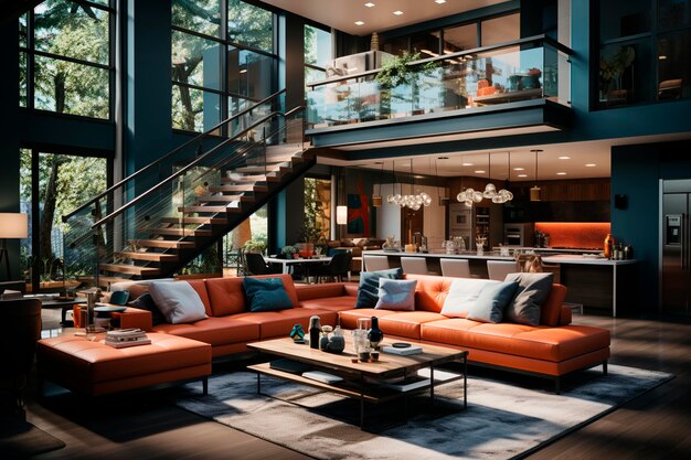 Interior design moderno del soggiorno con divano in pelle marronegenerativo ai