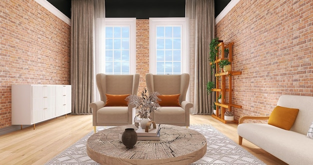 Interior design moderno del soggiorno con la decorazione delle tende e delle piante delle finestre del sofà
