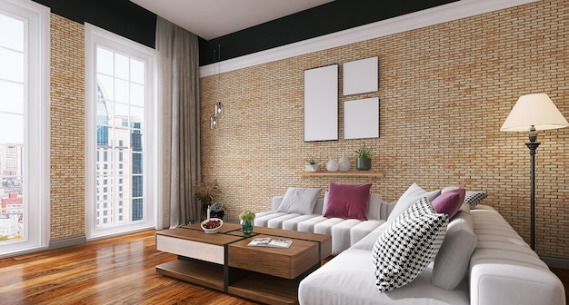 Interior design moderno del soggiorno con mockup di tre poster, divano, finestre, edifici, mattoni