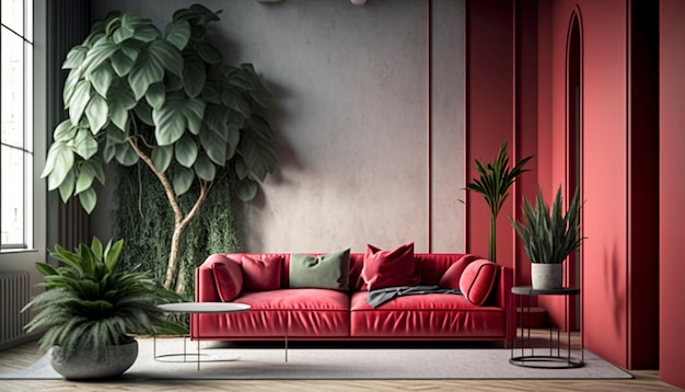 Interior design moderno del soggiorno dell'appartamento con mobili rossi Generative Ai